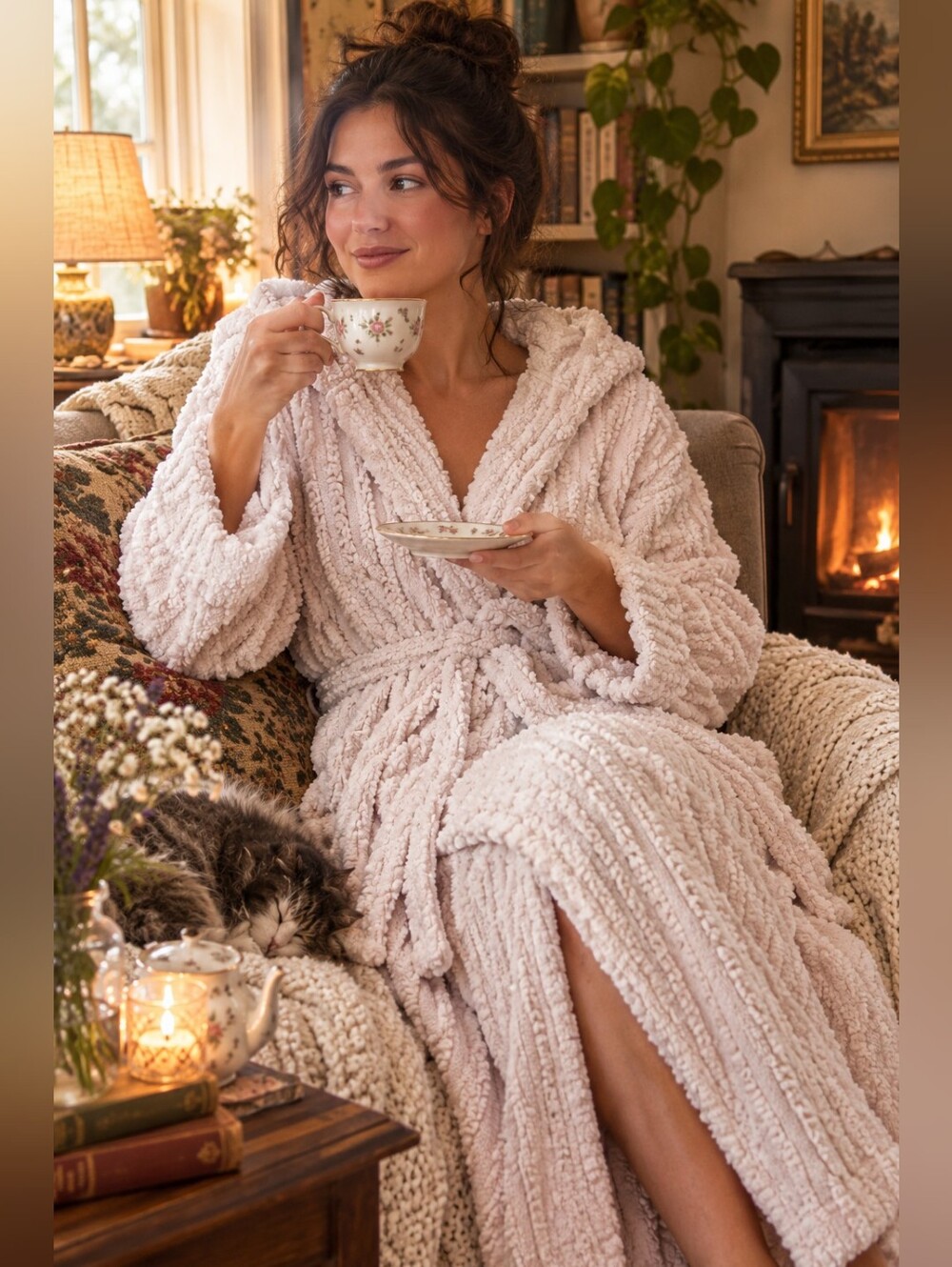 Cozy Hooded Plush Bath Robe in Cream Sz 2XL- 3XL